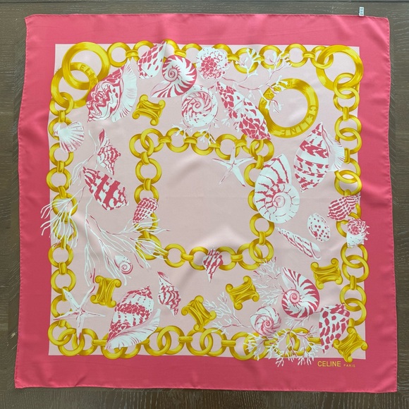 Celine Accessories - Authentic Celine Pink & Gold Seashell Silk Scarf